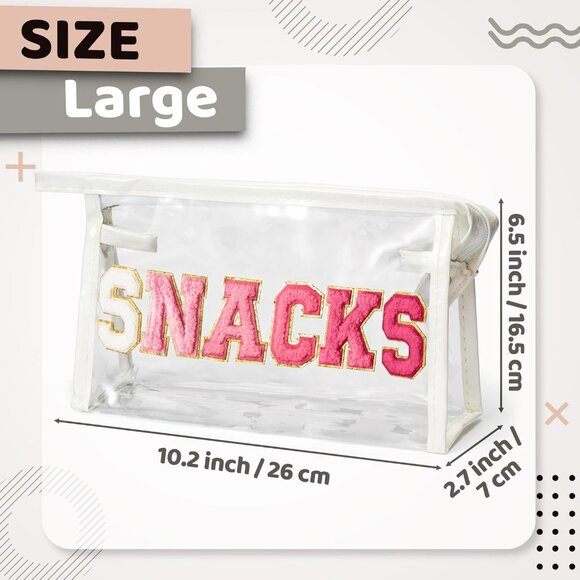 Large Clear SNACKS Pouch - Preppy Patch Rose Red Chenille Varsity Letter PVC Tra - Picture 3 of 6